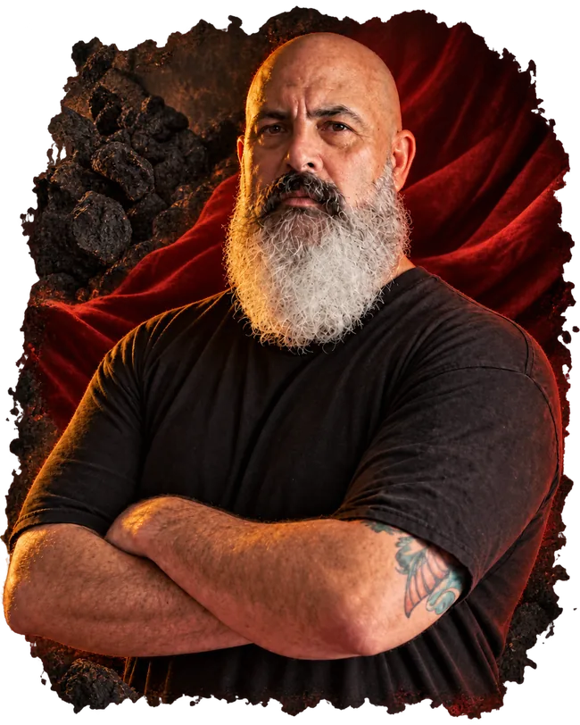 Close-up portrait of Coach Jeff, with folded arms against lava rock and crimson cloth