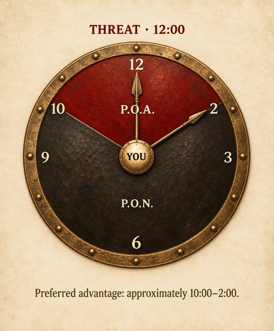 Spartan shield positioning clock. You are at the center. Threat at 12:00. The red Position of Advantage (P.O.A.) spans approximately 10:00 to 2:00; the remaining dark area is Position of Necessity (P.O.N.). Bronze spears form the hands.